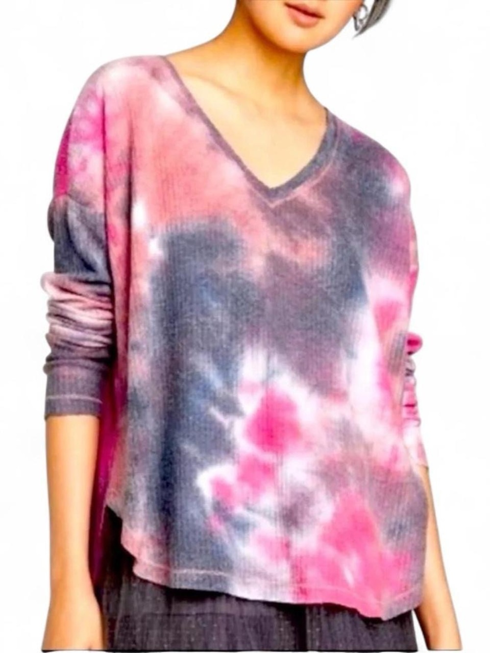 Wild Fable V-Neck Waffle Knit Tie-Dye Thermal Long Sleeve Top S